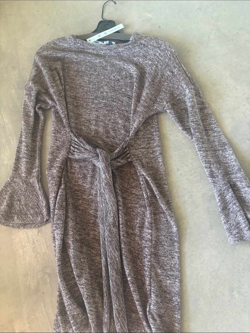 She and Sky Marled Taupe-Brown Knit Tie-Waist Long Sleeve Dress